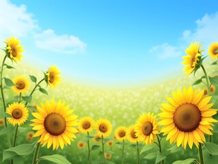 Fototapeta premium Bright Sunflowers and Clear Blue Sky in Summer Season