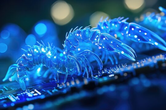 Glowing, translucent crustaceans crawl on a circuit board, symbolizing digital cybernetic life.