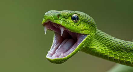 Green viper close-up with mouth open showing fangs, intense wildlife photography for nature themes and danger concepts