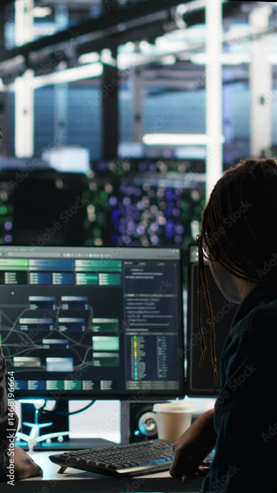 Poster vertical video data center teamworking colleagues use node tree program to identify equipment perfor