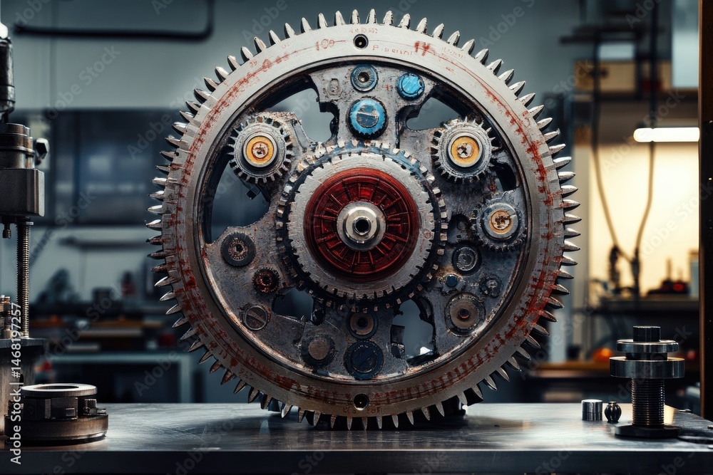 Poster a complex gear system is displayed prominently, showcasing intricate design and mechanical engineeri