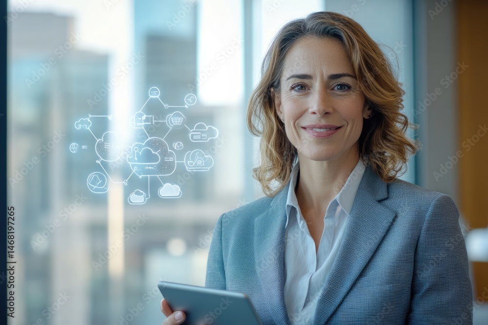 Poster smiling businesswoman holds a tablet near cloud computing diagram symbolizing data storage and netwo