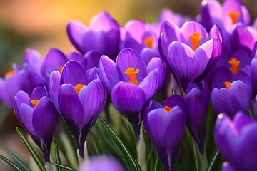 Fototapeta premium A close-up view of a vibrant, full-blooming purple crocus flower, capturing the essence of early spring and nature’s refreshing beauty