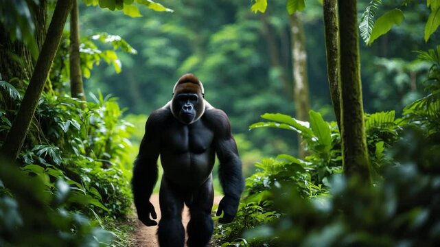 Leading male mountain gorilla in the rainforest.