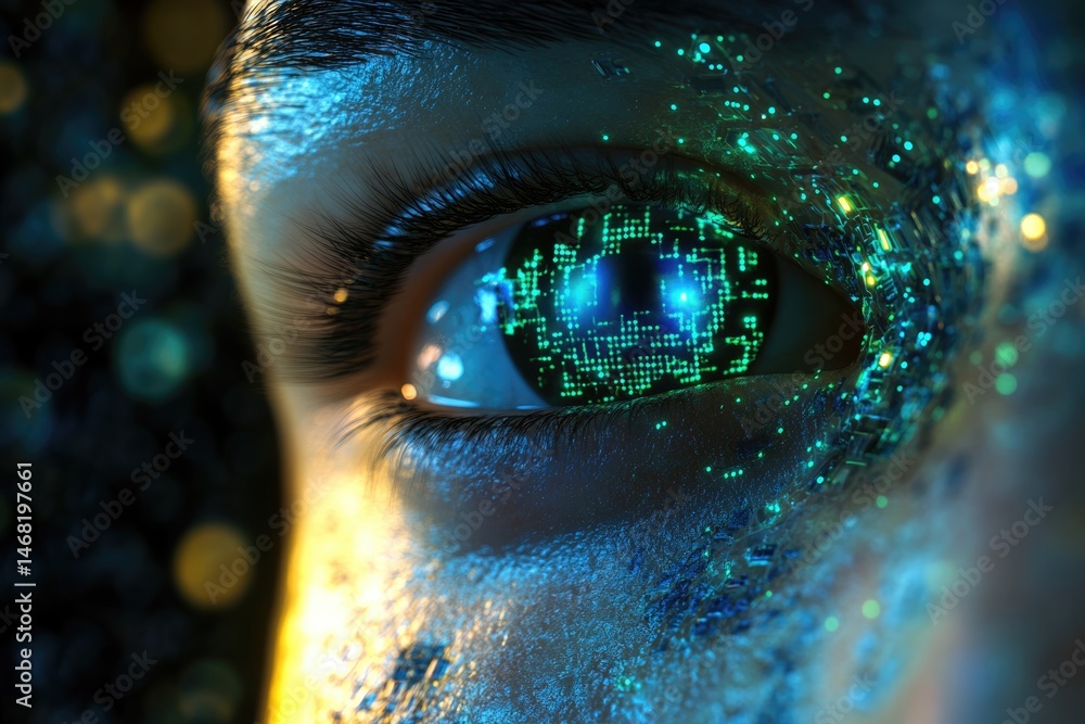 Poster cybernetic eye with glowing circuit pattern, embodying future tech, digital vision and human-machine