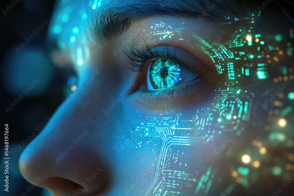 Poster a human face with glowing circuit patterns overlaid, suggesting a futuristic or technological connec