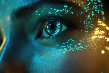 Close-up of a human eye with futuristic, glowing blue and gold digital data overlays, representing technology.