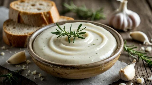 Snack with garlic sauce ingredients visible in the background