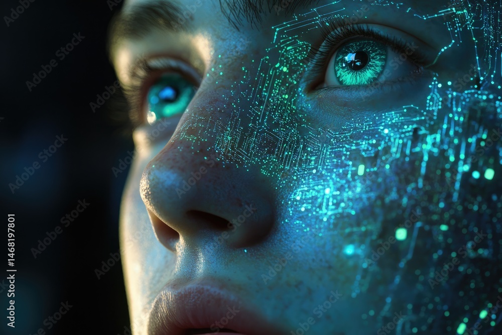 Poster close-up of a person's face with digital circuit patterns projected onto their skin, emphasizing tec