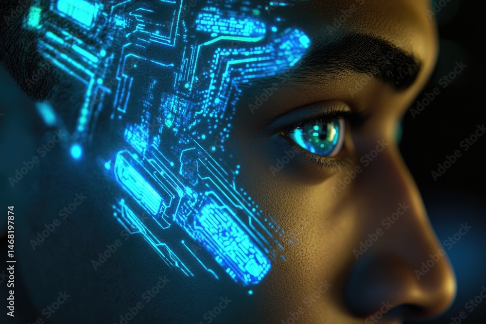 Aufkleber close-up of a face with glowing blue circuitry patterns, hinting at technology and human connection.