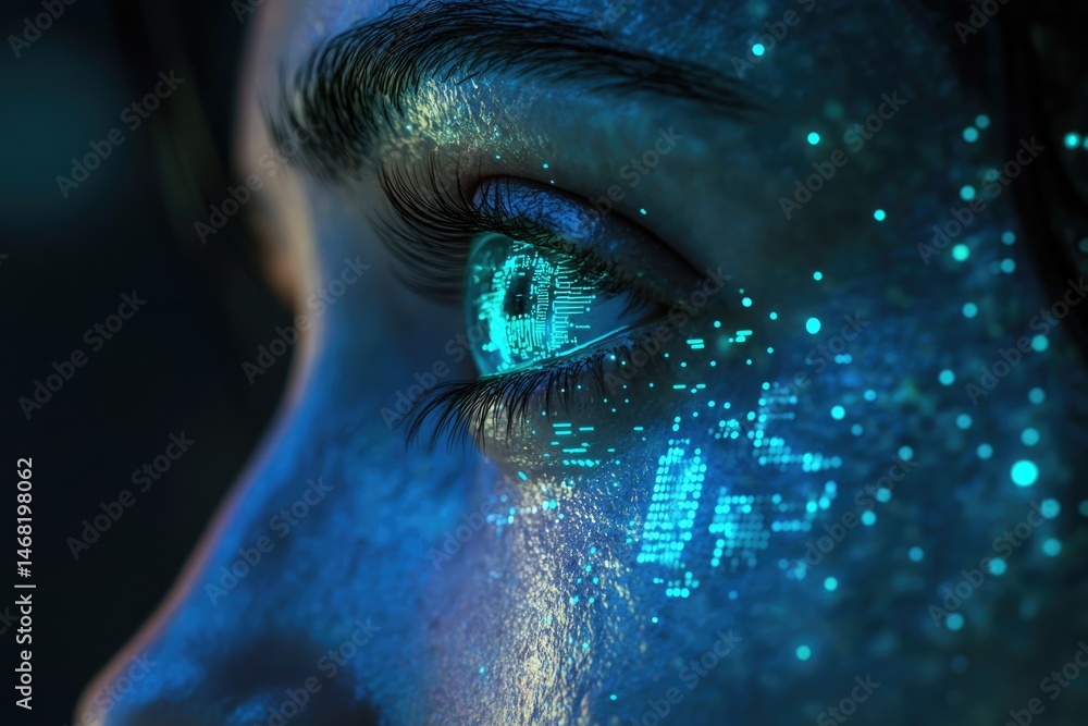 Poster a close-up of an eye displaying glowing, futuristic digital patterns, suggesting advanced technology