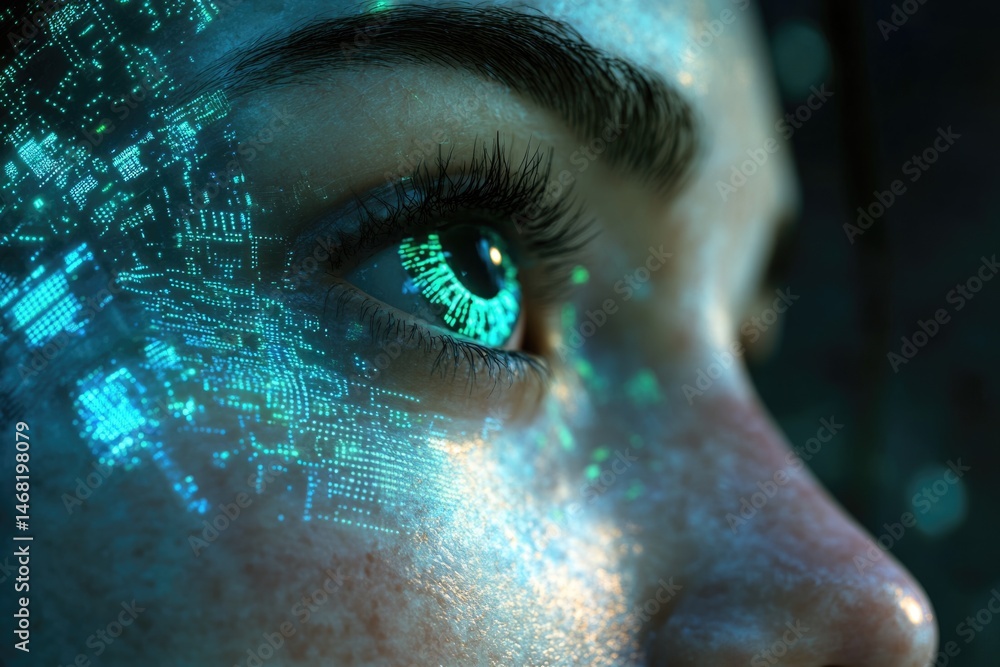 Poster close-up view of a human eye with digital circuitry reflections symbolizing advanced technology and 