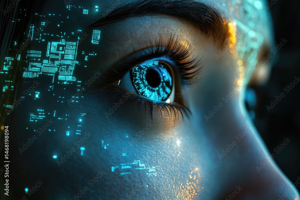 Poster close-up of a human eye with digital circuit patterns reflected, suggesting technology integration a