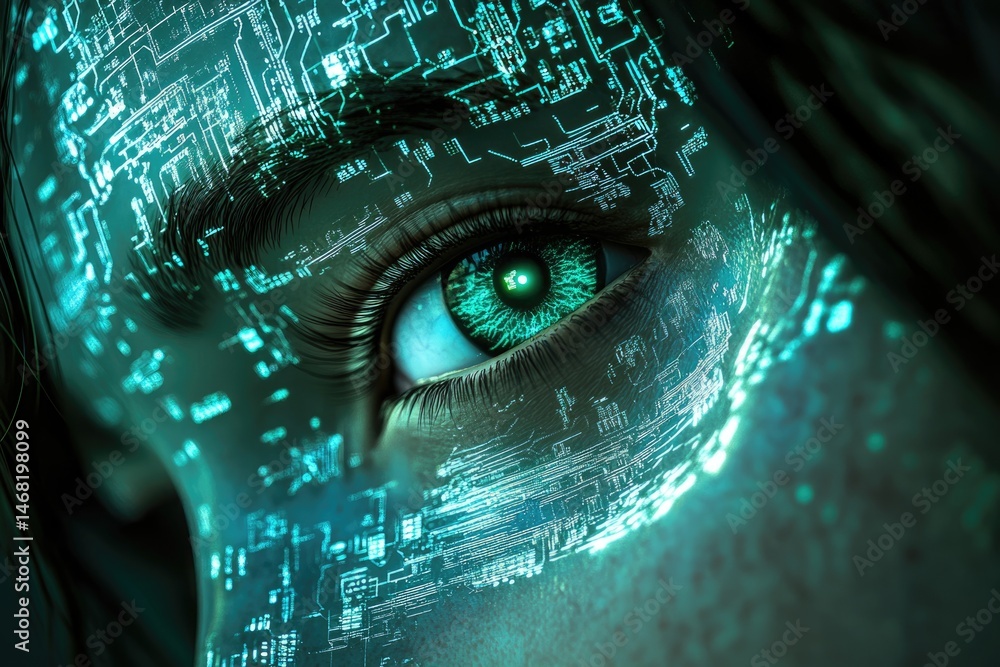 Aufkleber a close-up of an eye with circuit patterns overlaid, suggesting a futuristic or technological theme.