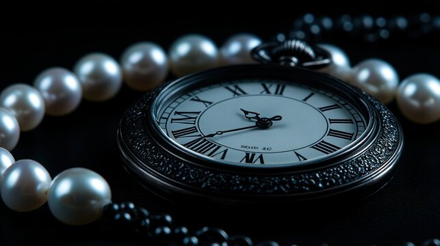 Vintage pocket watch with pearl necklace