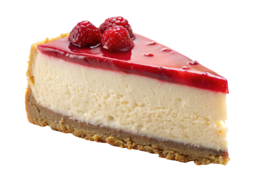 Delicious Slice of Raspberry Cheesecake with Crumb Crust and Red Glaze