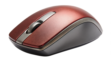 Maroon Wireless Computer Mouse with Scroll Wheel on a White Background