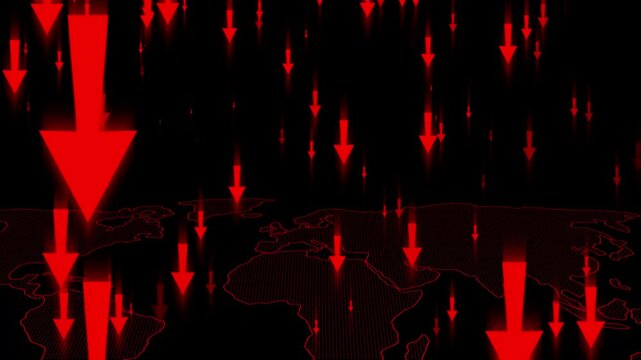Glowing Arrows Over World Map Indicating Global Decline Animation