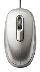 Closeup of a wired computer mouse in silver color on white background
