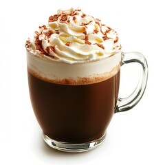 Cozy Hot Chocolate Whipped Cream and Coffee Beverage in Transparent Mug: The Ultimate Indulgent Winter Drink with Chocolate Shavings and Milk for Relaxation at a Coffee Shop