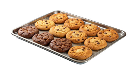 Variety of Delicious Chocolate Chip Cookies Displayed on a Silver Baking Sheet