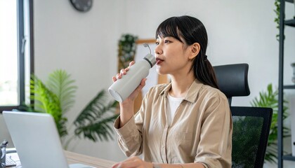 オフィスでマイボトルを使う女性
