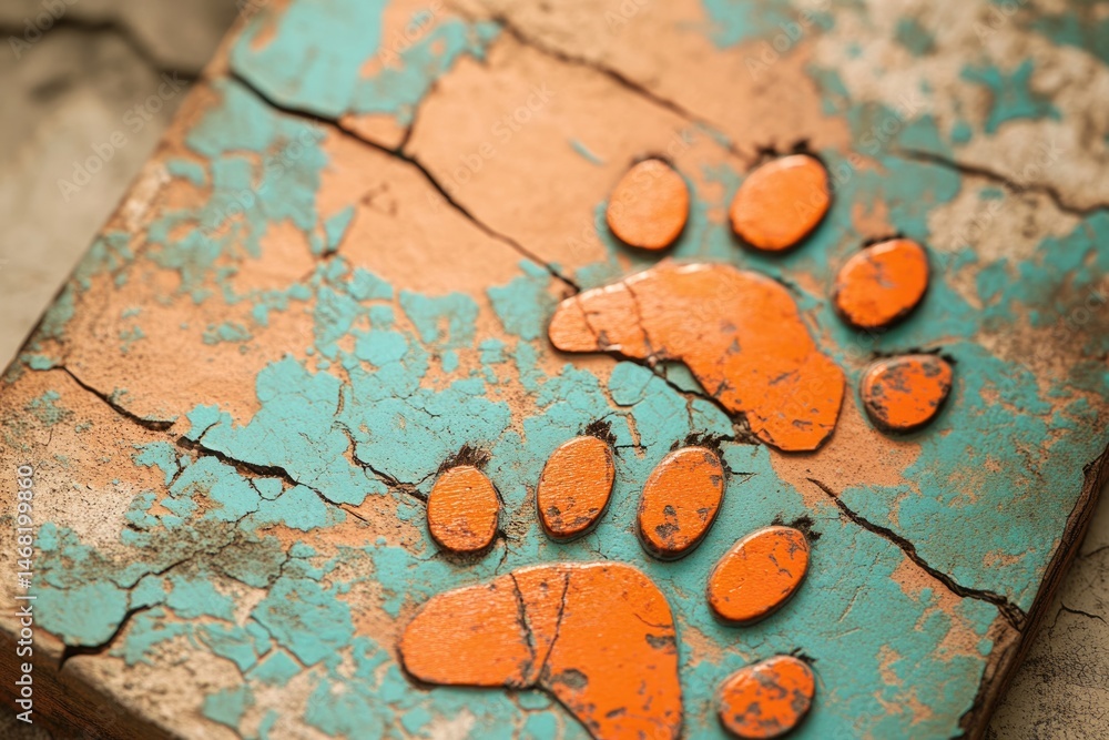 Poster orange paw print design on a cracked, turquoise background, creating a rustic and visually intriguin
