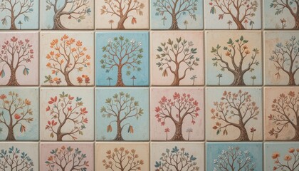 Whimsical Pastel Tree Tile Design A Collection of Charming Autumnal and Springtime Tree Illustrations