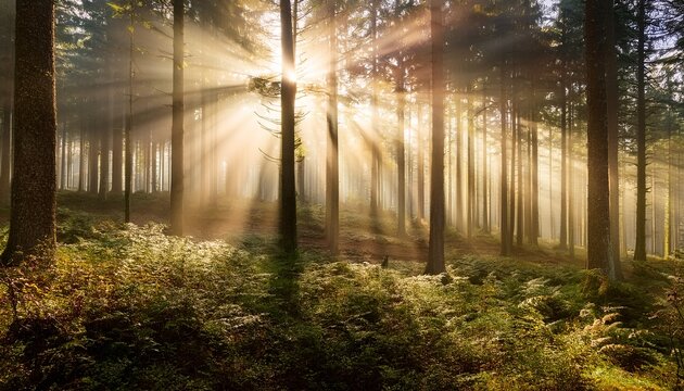 sunbeams through tall trees in misty forest - Powered by Adobe