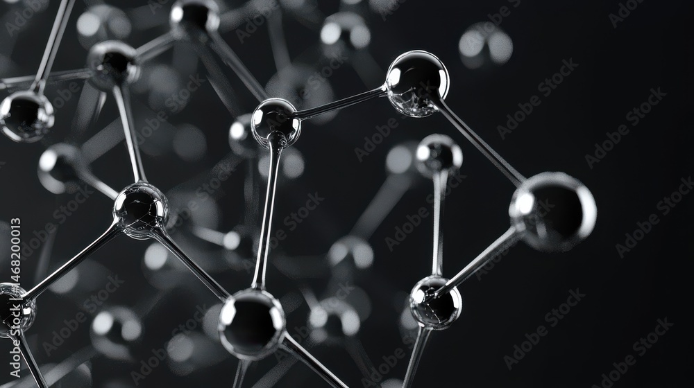 Poster abstract molecular structure with chrome spheres and interconnecting rods on dark background