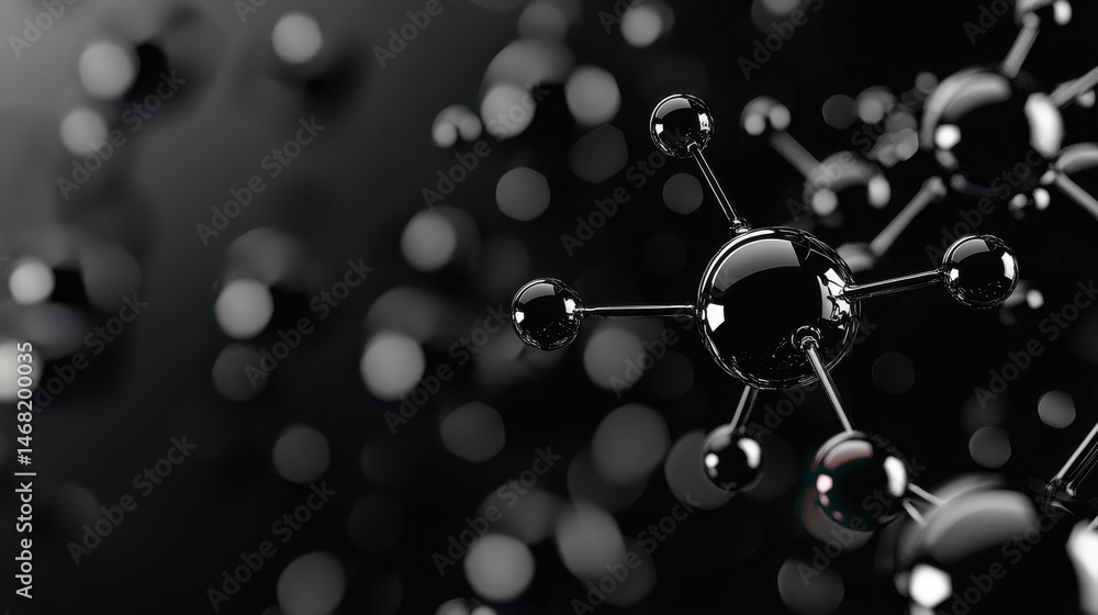 Poster elegant black molecule structure with glossy surface and intricate connections on dark backdrop