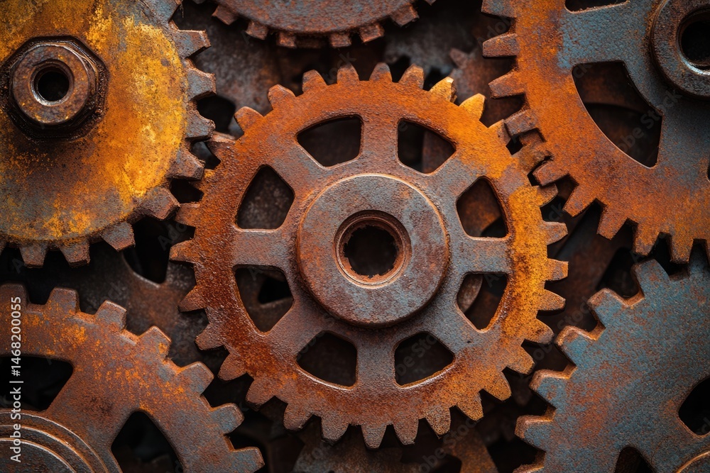 Poster close-up of interlocking, rusted metal gears showing age and mechanical complexity, conveying concep