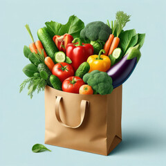 Brown paper grocery bag filled with fresh vegetables on wooden surface. Healthy eating and sustainable shopping concept