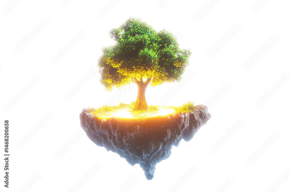 Poster glowing tree on a magical floating island in dark space 3d art life rock on transparent background
