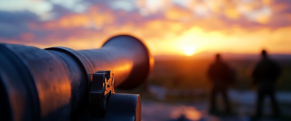 Sunset Vigil: Silhouetted figures and a historic cannon stand guard at dusk