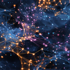 A vibrant, interconnected network of lights and lines forming a digital, futuristic design on dark background.