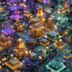 A mesmerizing abstract cityscape constructed on a circuit board, glowing with vibrant neon colors.