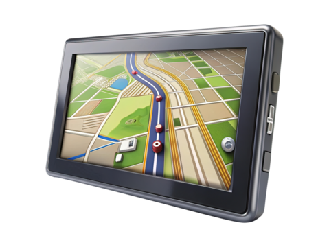 GPS Navigation Device Displaying a Detailed Map with Route Markers on screen