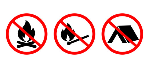 Warning signs against open flames and shelter use in camping sites located in grassy areas during dry seasons. Vector Illustration © Ms VectorPlus