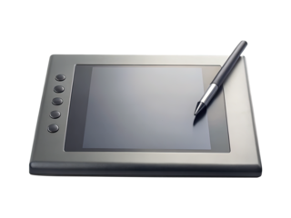 Gray graphic tablet with black screen and pen laying on its surface