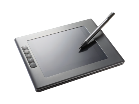 High angle studio shot of a digital drawing tablet and stylus