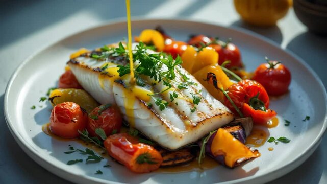 Grilled fish fillet accompanied by vegetables