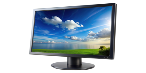 Modern LCD computer monitor displaying a beautiful landscape with sky and ocean