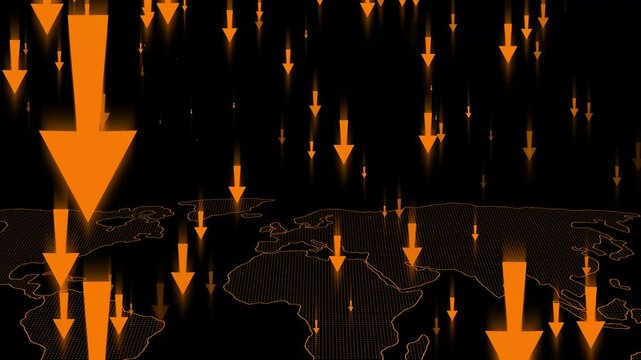 Glowing Arrows Over World Map Indicating Global Decline Animation