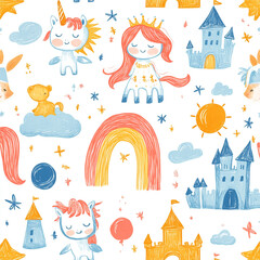 Childish seamless pattern with crayon drawn cute fairy, unicorn, rainbow and castle. Kids hand drawn background with color doodle magic elements,