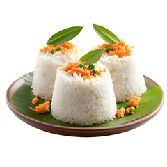 Delicious Puttu South Indian breakfast rice dish garnished with green leaves,