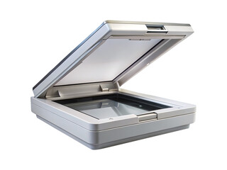 Open flatbed scanner on a white background ready for document scanning