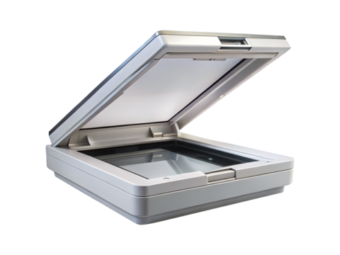 Open flatbed scanner on a white background ready for document scanning