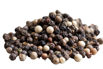 Obraz premium Aromatic black peppercorns and white peppercorns mix close up hot food on transparent background
