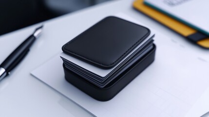 Black business card holder on a desk